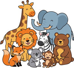 Fototapeta premium Cute cartoon wild animal group illustration featuring giraffe, elephant, lion, zebra, bear, fox, koala, and monkey.