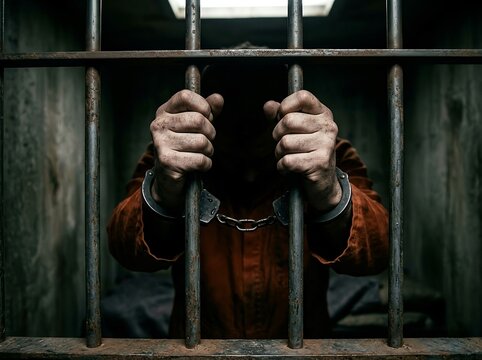 Detainee confined behind steel jail bars. Loss of freedom, criminal justice, detention, punishment, and imprisonment. For legal, security, crime prevention, and justice related