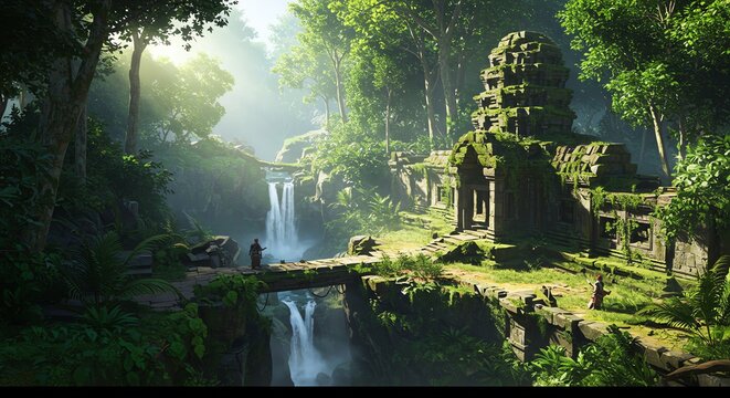 Adventurer Exploring Ancient Temple Ruins Hidden In Tropical Jungle