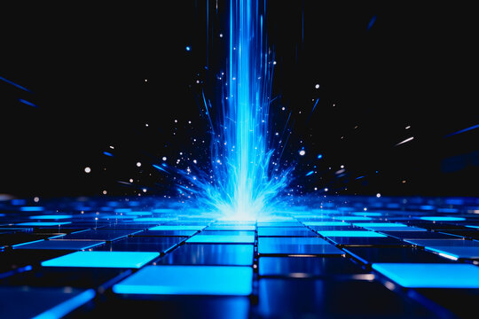 A bright blue light beam bursts upward from a grid of glowing digital tiles, creating a futuristic tech-inspired visual effect.
