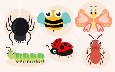 Naklejka premium Cute Cartoon Insect and Bug Character Set with Spider Bee Butterfly Ladybug