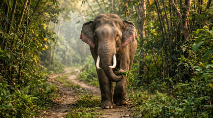 Fototapeta premium Asian elephant walking on a dirt path in a lush bamboo forest