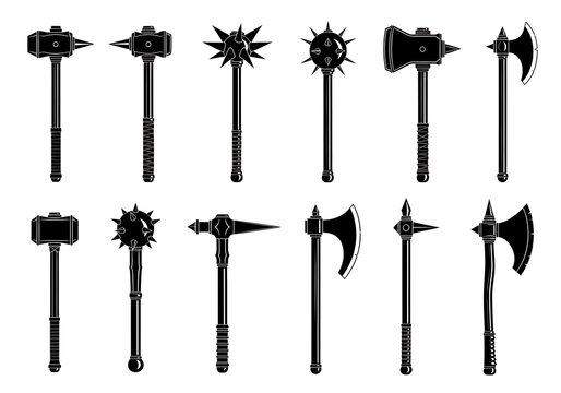 Black medieval battle axes and mallets