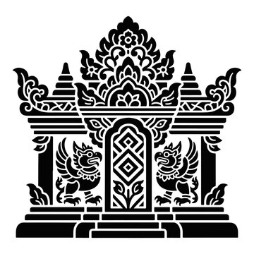 Vector classic engraving hindu budha bali java Mandala Pattern, Decorative Circular Ornament, Black and White Floral Motif