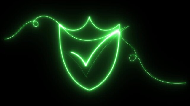 Glowing neon green animation of security shield with verification check mark motion graphics line art drawing on black background protection and confirmation 4k video