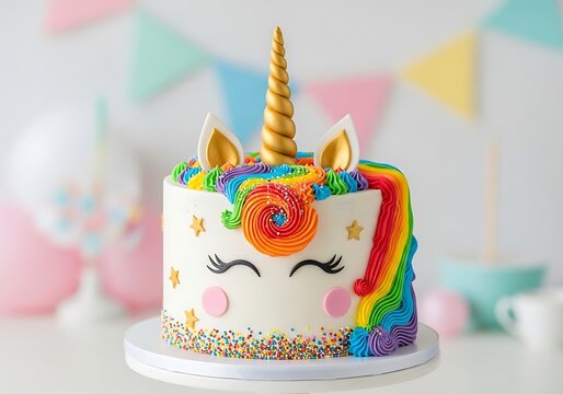 Colorful unicorn themed birthday cake with a golden horn and rainbow frosting for a party celebration