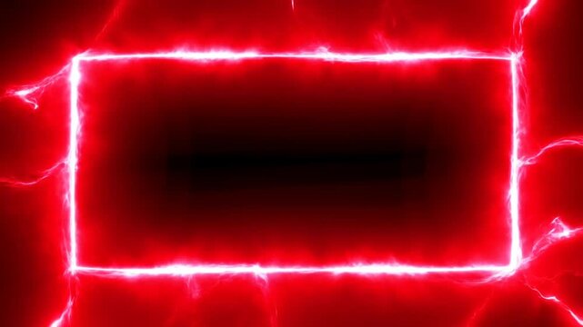 Static shot of glowing red electric rectangle pulsing with lightning energy and sparks, neon border centered on black digital background in studio