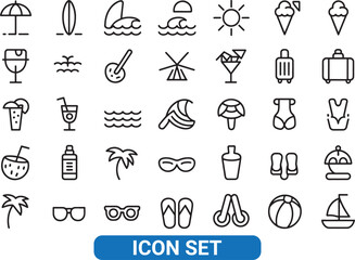 Fototapeta premium Summer Vacation Travel and Leisure Line Art Icon Set Vector Illustration