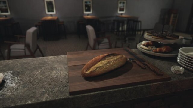A rustic loaf of bread rests on a wooden board, with a knife beside it. In the background, empty tables and chairs create an inviting atmosphere for diners.