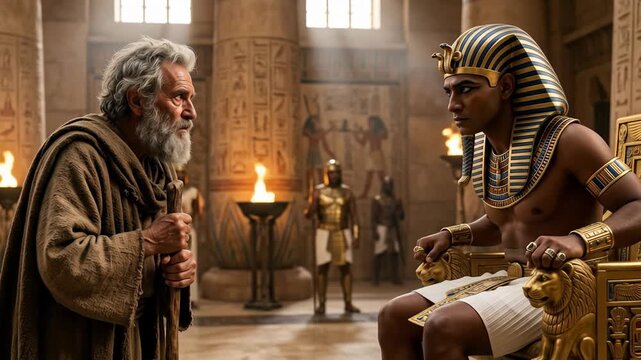 Biblical prophet Moses with a grey beard confronts the powerful Egyptian pharaoh seated on his golden throne inside a grand temple demanding the immediate freedom of his captive people