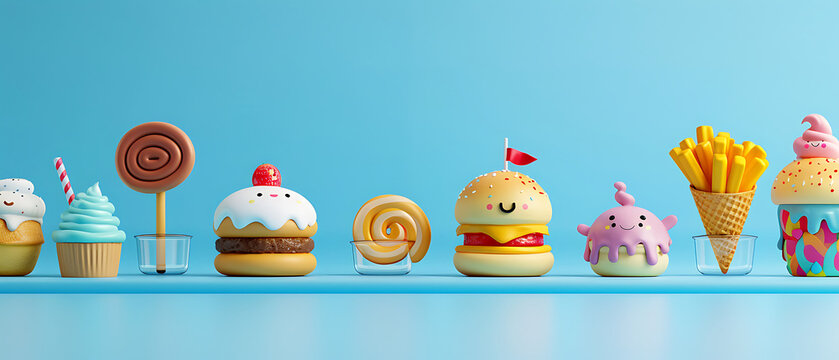3D kawaii fast food and desserts lined up on light blue background with copy space for quirky restaurant menu promo and food delivery app banner ad