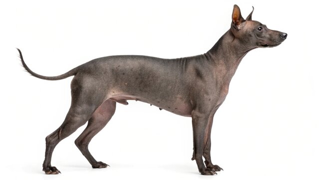 Isolated Peruvian Inca Orchid hairless dog standing on a white studio background