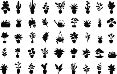 Fototapeta premium Botanical Plant Silhouette Collection – Black Floral and Leaf Icons Set, Nature Vector Elements