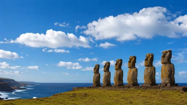 Easter Island with Moai Statues Overlooking the Ocean Under Blue Sky