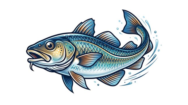 Atlantic cod fish jumping with water splashes on white background