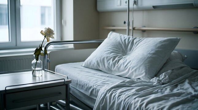 An empty hospital bed stands in quiet solitude next to a fading white rose, a poignant metaphor representing the delicate threshold between life, departure, and final rest.