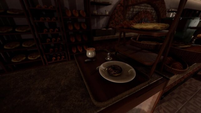 A pastry sits on a simple white plate next to a cup of cream on a wooden tray. The bakery features shelves full of various bread and baked items in a warm atmosphere.