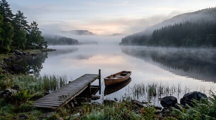 Obraz premium Serene misty lake at dawn with a wooden rowboat by a quiet dock, surrounded by lush forest.