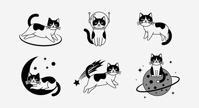 Cartoon cat illustrations set with various poses and space elements