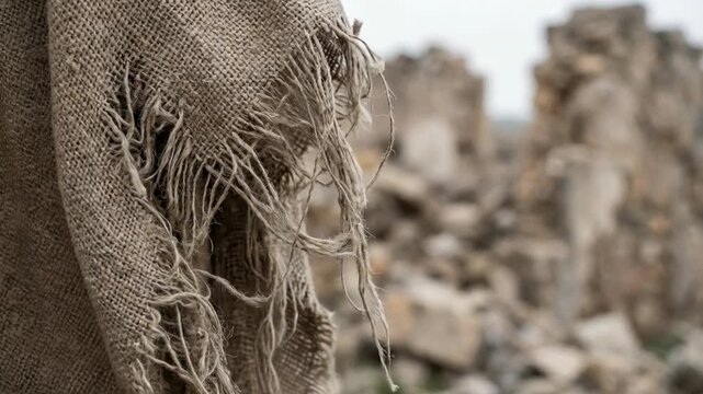 Bear doll with city ruin in background concept. Close up of torn burlap fabric with a blurred rocky background in natural light