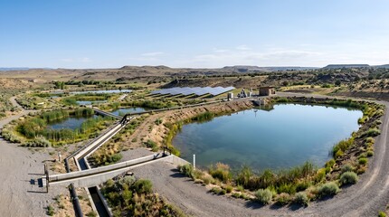 Fototapeta premium Solar powered water management system with ponds, channels in arid landscape.