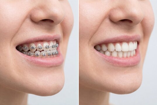 Side-by-side comparison showing a person's teeth before and after orthodontic treatment with braces.