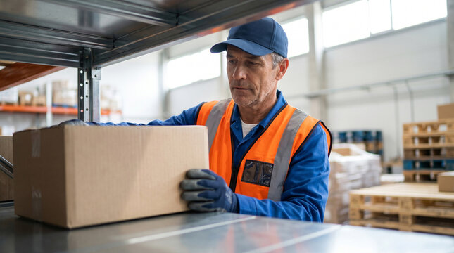 A diligent mature warehouse worker in a safety vest carefully handles a cardboard box on a shelf in a busy logistics center