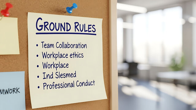 Instructional note displaying essential ground rules for effective team collaboration guidance emphasizing workplace ethics and professional conduct standards within a modern office environment.