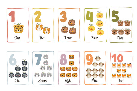 Educational flashcards for kids with numbers and cute animal illustrations, counting set from one to ten