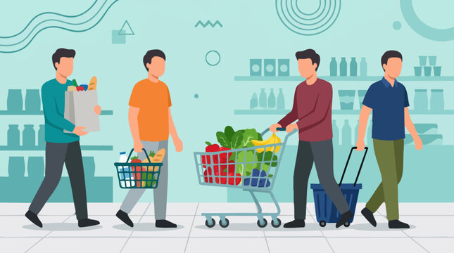 Men shopping for groceries in supermarket aisle with carts and baskets