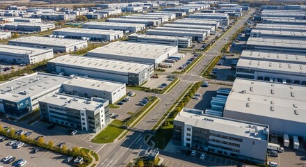 Fototapeta premium Expansive Aerial View of a Modern Industrial Estate Featuring Rows of Warehouses and Office Buildings