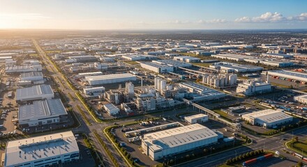 Fototapeta premium Expansive industrial estate complex with multiple manufacturing and warehouse buildings seen from an aerial perspective at sunset