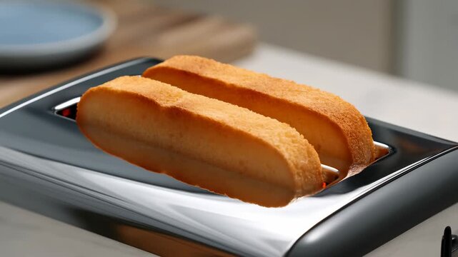 Toasted bread loaves browning in a shiny toaster in cozy kitchen