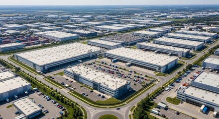 Fototapeta premium Expansive industrial logistics park with numerous warehouses, distribution centers, and parking lots viewed from above during daylight.