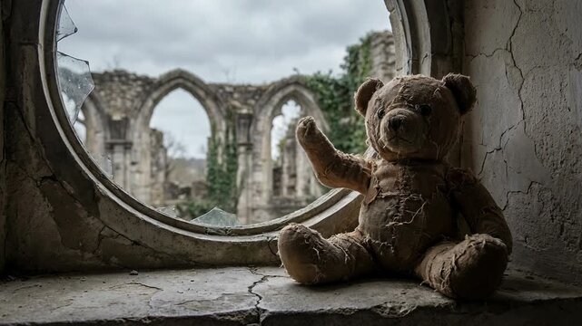 Worn vintage teddy bear sitting by cracked window in abandoned historic ruins with cloudy sky