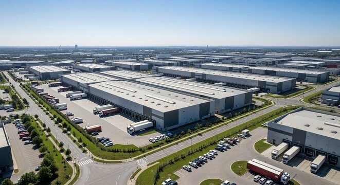 Expansive modern industrial estate with multiple warehouses and logistics facilities, showcasing a vast distribution network.