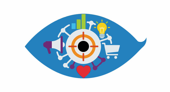 Eye icon with marketing icons bullseye, megaphone, lightbulb, cart, heart, and charts