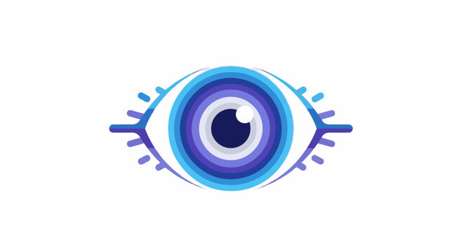 A stylized, graphic eye symbol with concentric rings of blue and purple hues