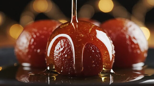 Golden Syrup Pouring Over Fresh Gulab Jamun in Slow Motion Close Up