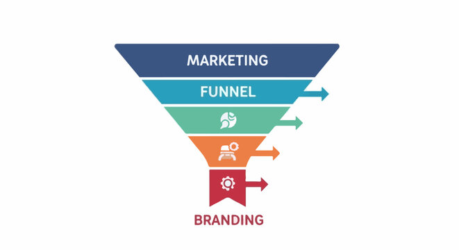 A visual representation of a marketing funnel, showing stages from initial contact to final branding