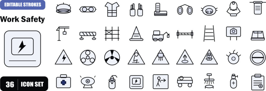 A comprehensive collection of 36 flat outline work safety icons covering personal protective equipment, construction site tools, hazard warnings, and emergency first aid symbols. Each icon features a