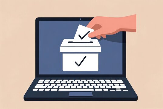Digital Voting Process Illustration with Laptop, Hand Inserting Ballot, and Checkmark Symbol in Minimalist Design for Online Elections