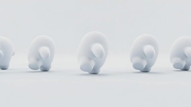 Animated white abstract figures moving in sequence on minimal white background with smooth motion and soft lighting