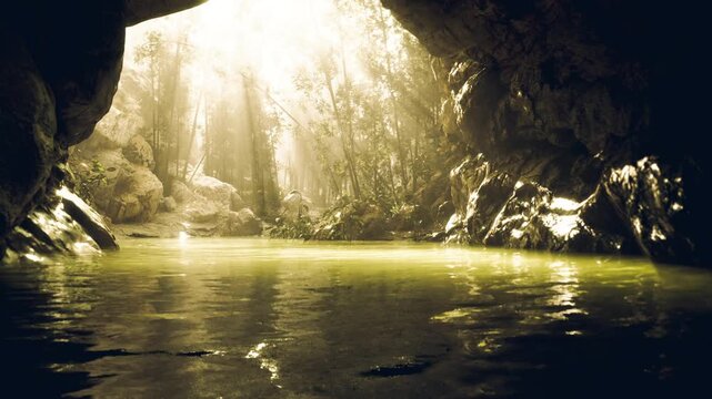 Golden sunlight softly illuminates a serene lake, framed by lush greenery and timeless rocks. The atmosphere feels peaceful and alive with natures beauty creating a tranquil escape.