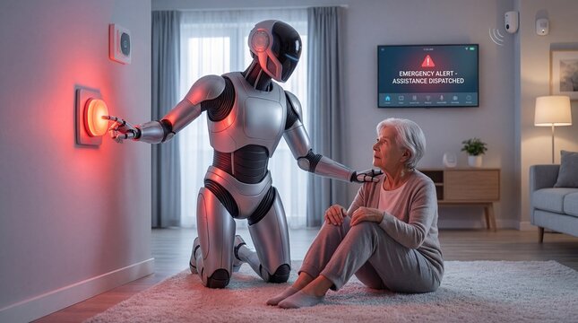 Robot assistant pressing emergency alert button while helping elderly woman fallen on floor in living room 3d render