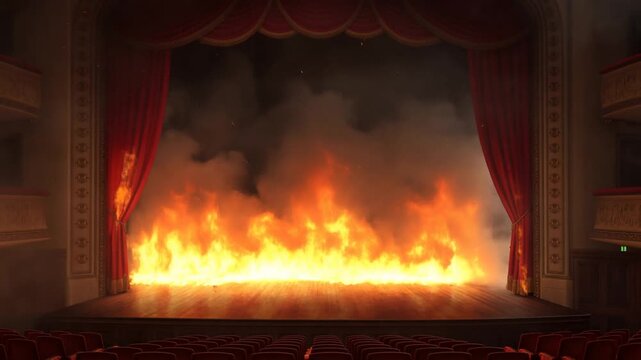 Static shot of stage fire spreading across theater proscenium with burning curtains and smoke filling auditorium and audience seats visible