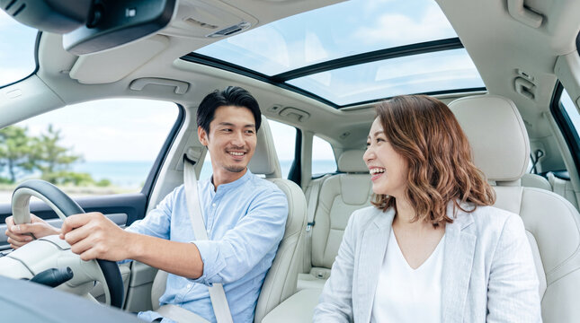 ドライブデートをする夫婦 車を運転する男性と助手席の女性