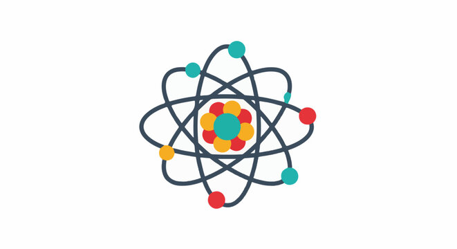 Abstract atomic model with orbiting electrons and a colorful nucleus