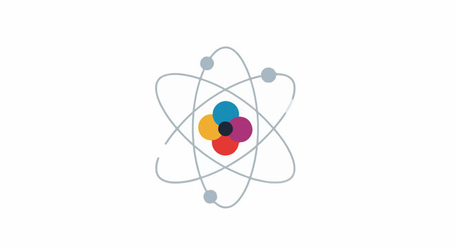 Stylized atom with orbiting electrons and colorful nucleus