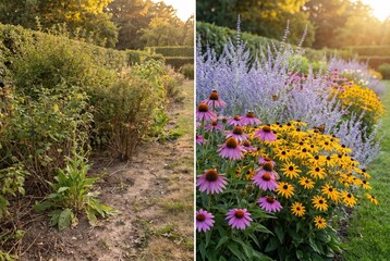 Fototapeta na wymiar A side-by-side comparison of an unkempt garden patch and a vibrant, blooming flower bed with butterflies.